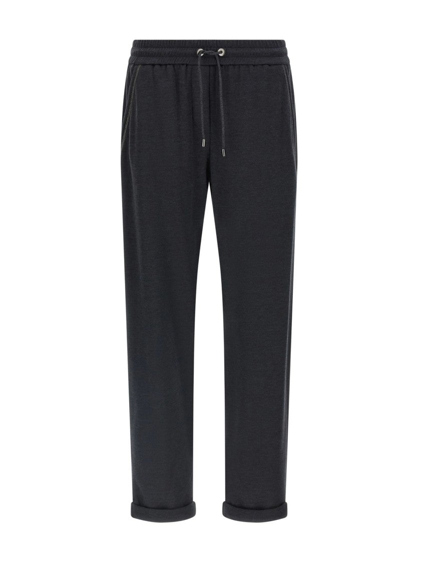 Brunello Cucinelli Gray Shiny Monili Detail Cotton-Silk Straight-Leg Pants