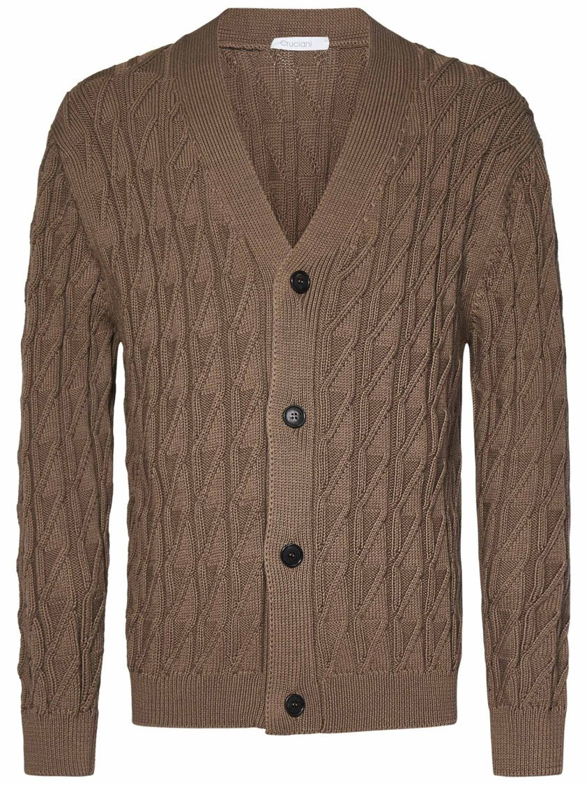 Cruciani Jacquard Pattern Brown Cotton Knit Cardigan