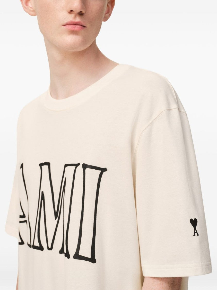 Ami Paris Relaxed Fit Cream Graphic T-Shirt With Bold Text
