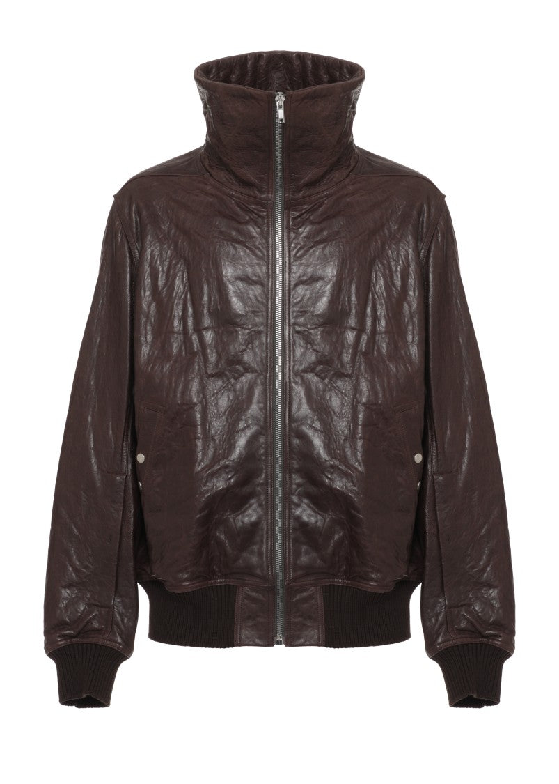 Rick Owens Brown Leather High-Neck Bomber Jacket