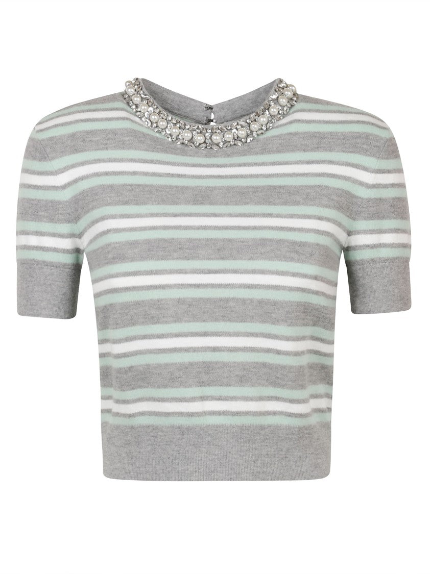 Self-Portrait Fitted Grey Top With Striped Pattern And Round Neckline