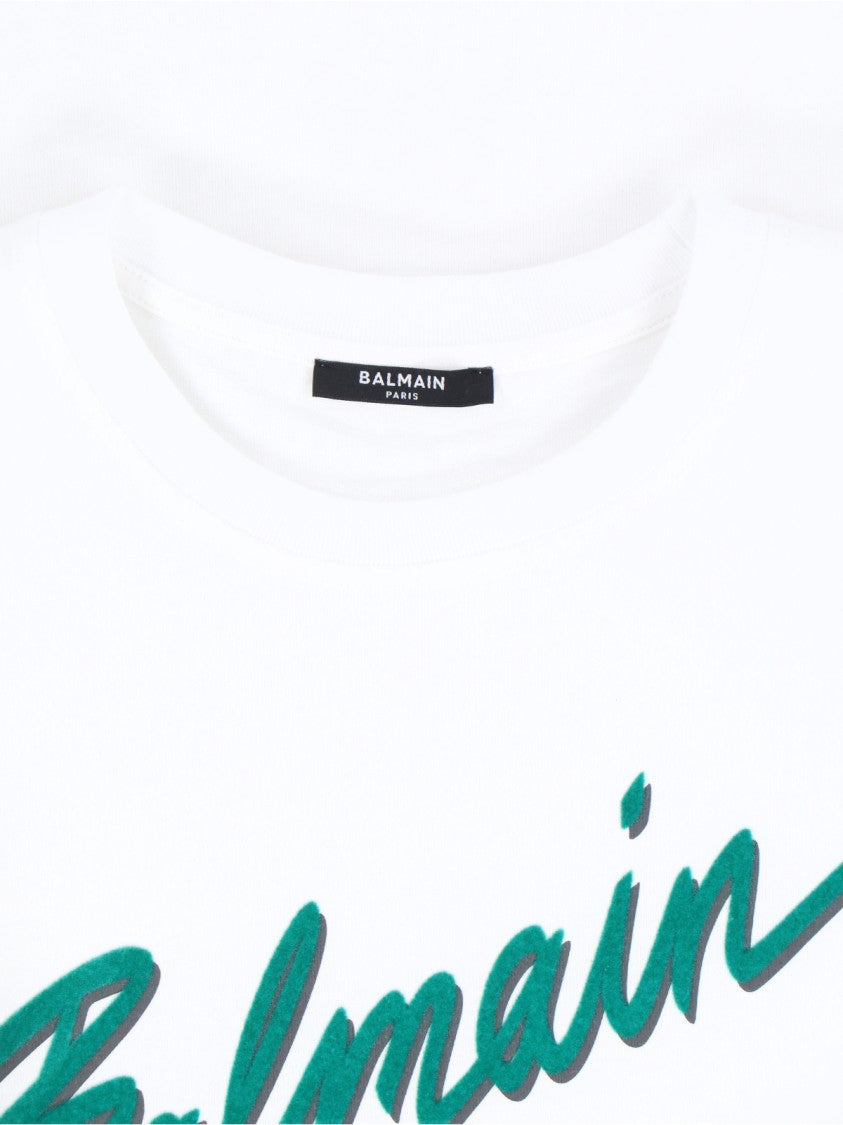 Balmain Crew Neck T-Shirt With Bold Green Logo Print