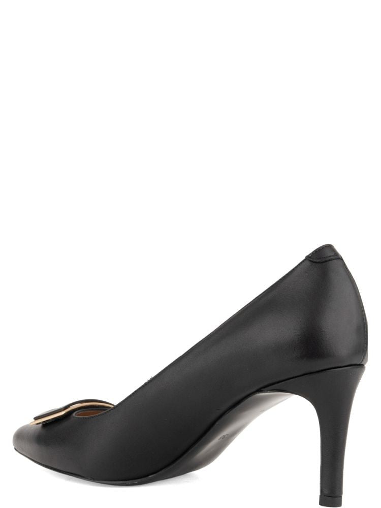 Sergio Moretti Black Square Buckle Leather Low-Heel Pumps