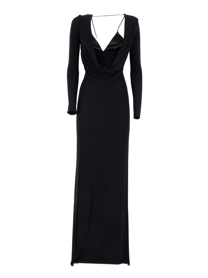 Elisabetta Franchi Long Black Dress With Draped Back