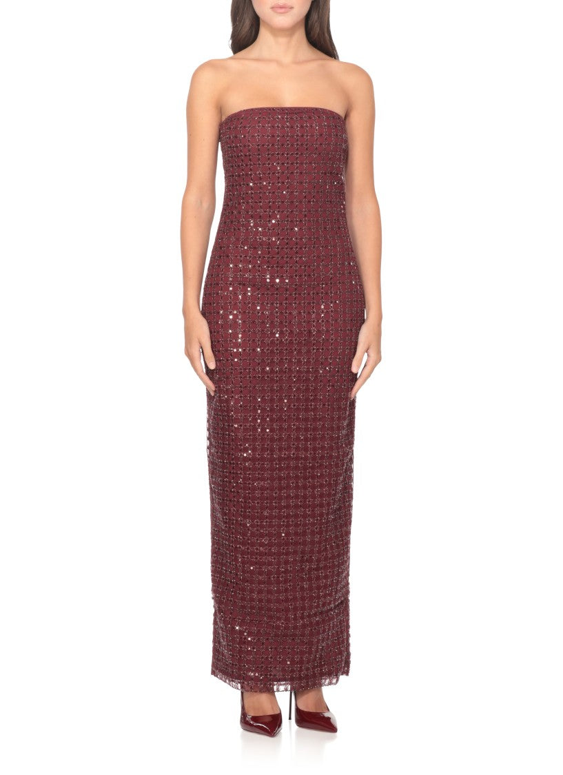 Rotate Bordeaux Evening Dress With All-Over Paillettes
