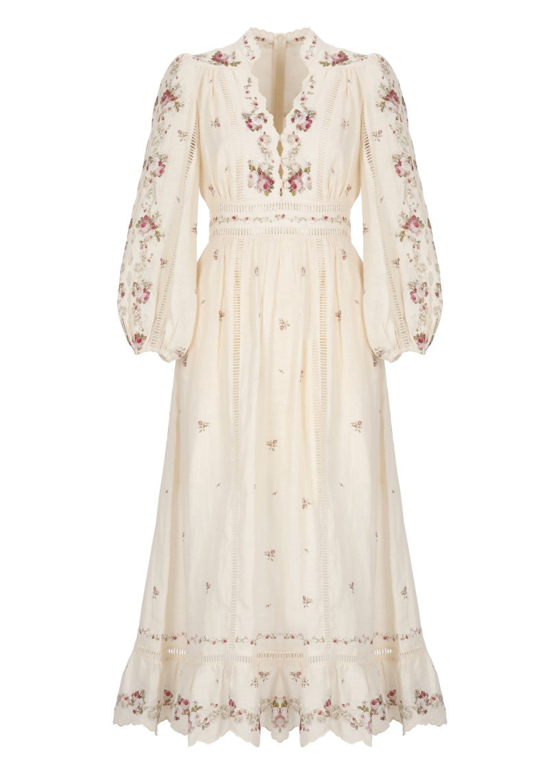 Zimmermann Pink Patience Lace Floral Linen Midi Dress