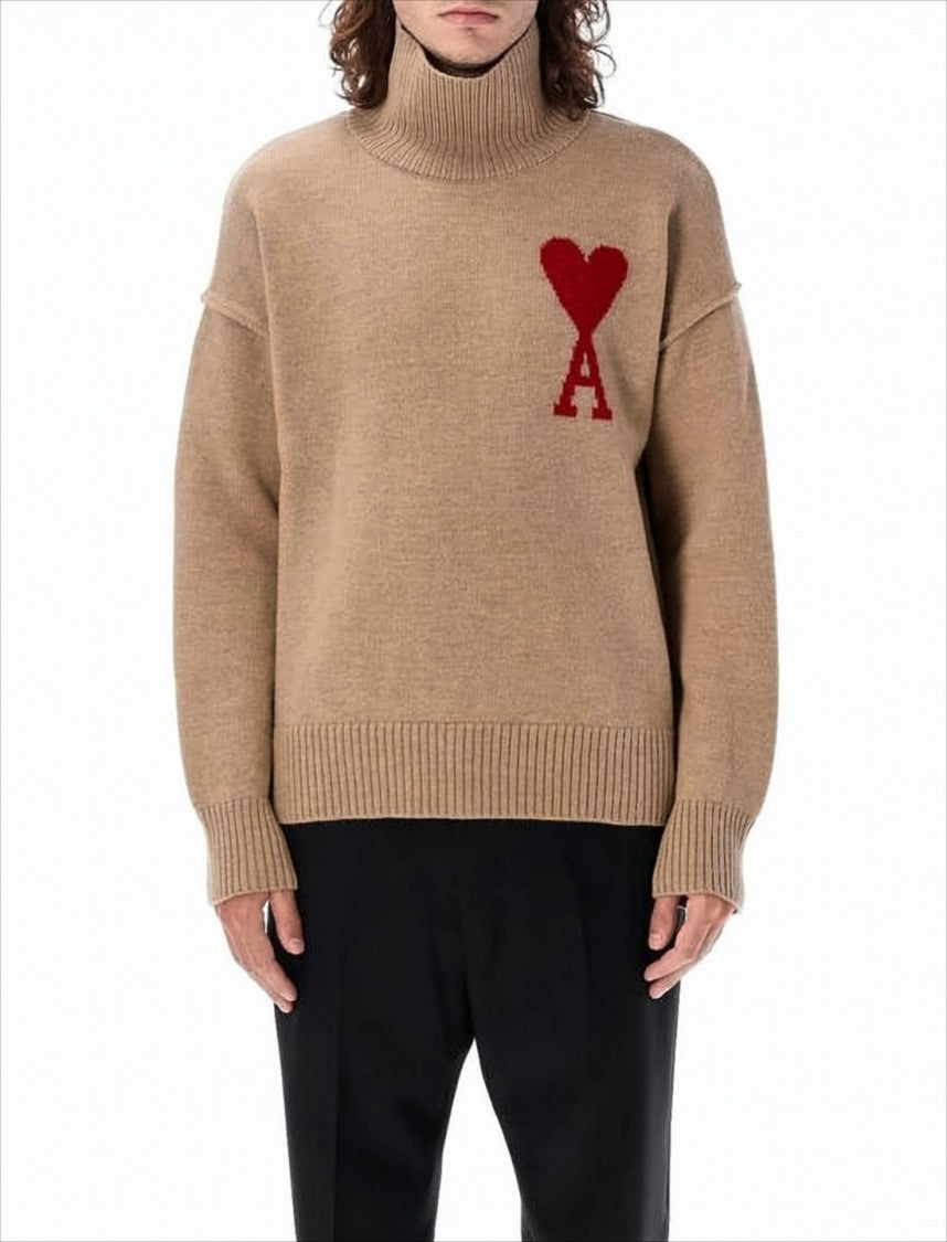 Ami Brown Wool Turtleneck Sweater With Dropped Shoulders