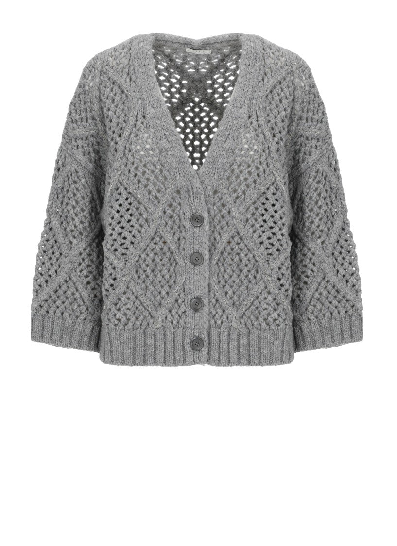Peserico Perforated Grey Wool Cardigan With Silver Bead Accents