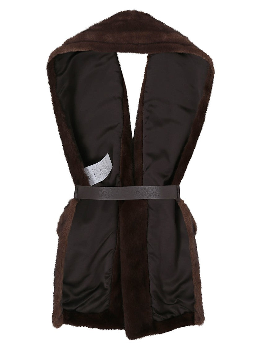 Parosh Sleeveless Faux Fur Vest With Matching Belt And Flap Pockets