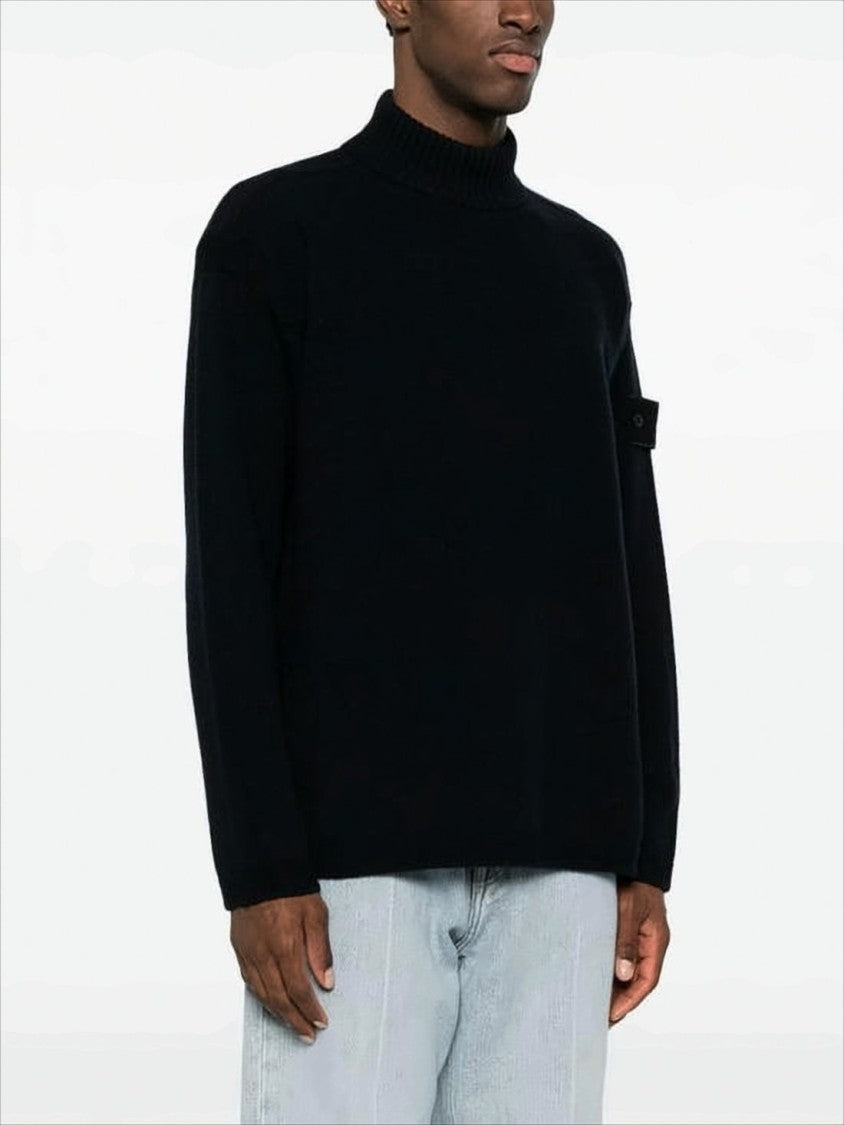 Stone Island Ribbed Black Wool Turtleneck Sweater