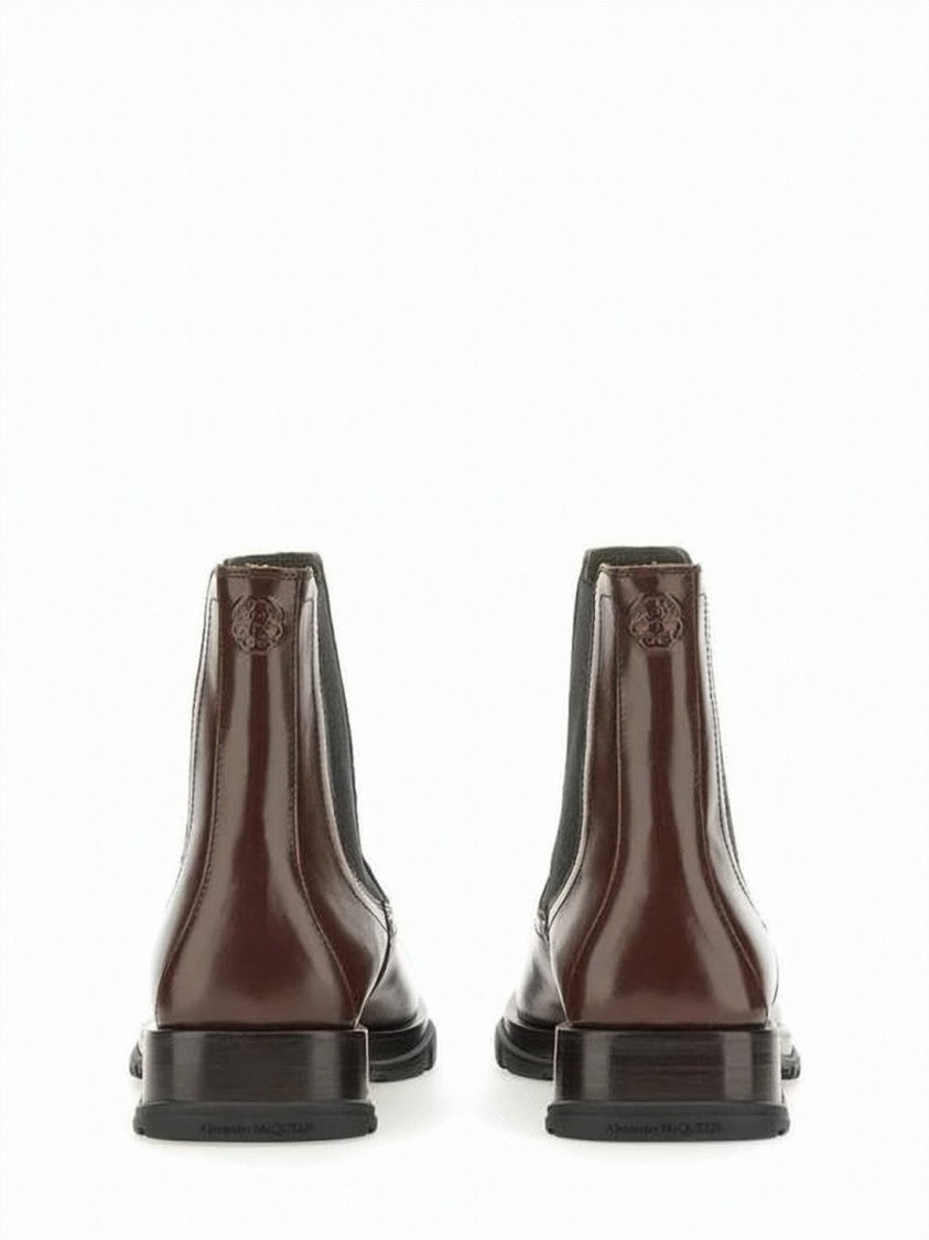 Alexander Mcqueen Deep Brown Leather Boots With Elastic Side Panels