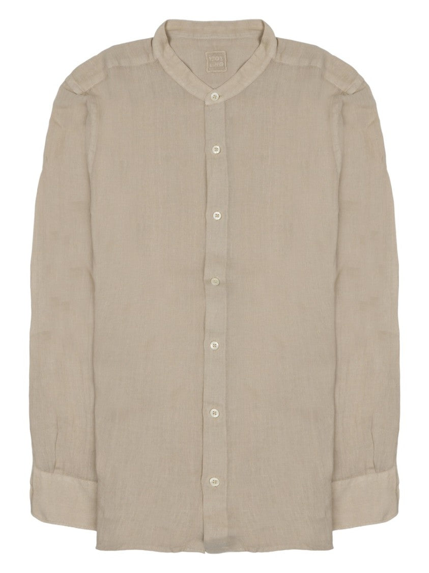 120% Lino Beige Mandarin Collar Linen Casual Shirt
