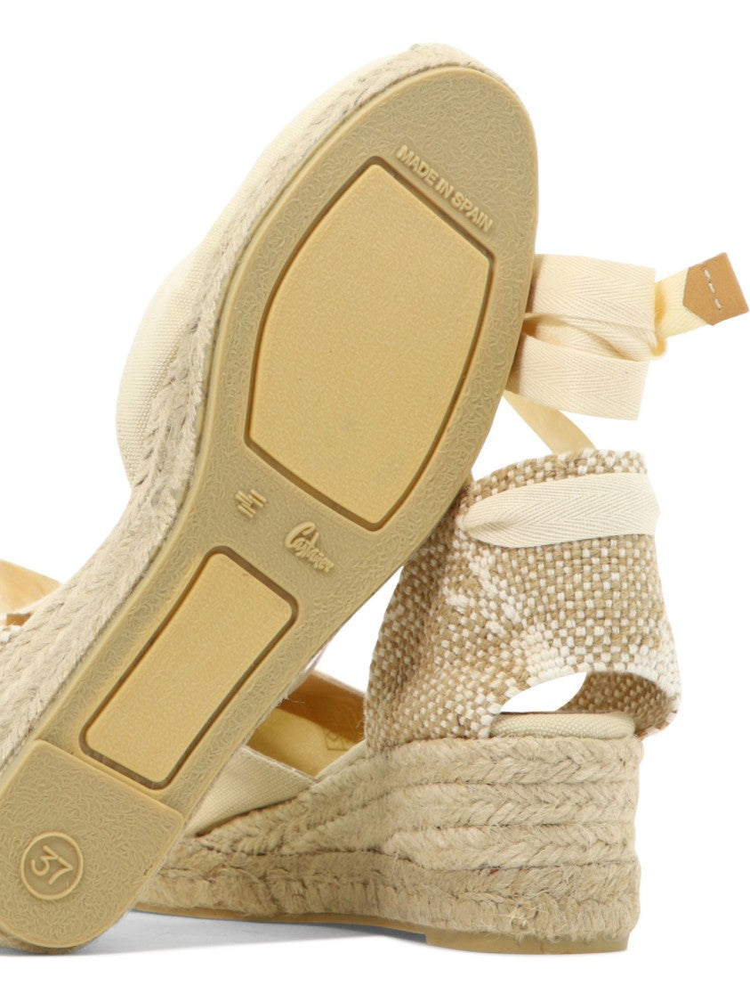 Castaner Beige Cotton Espadrilles With Woven Heel And Ankle Wrap Ribbons