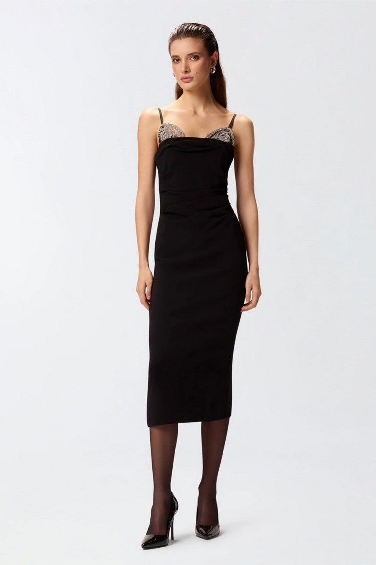 Pinko Black Rhinestone Bust Ruched Viscose-Blend Midi Dress