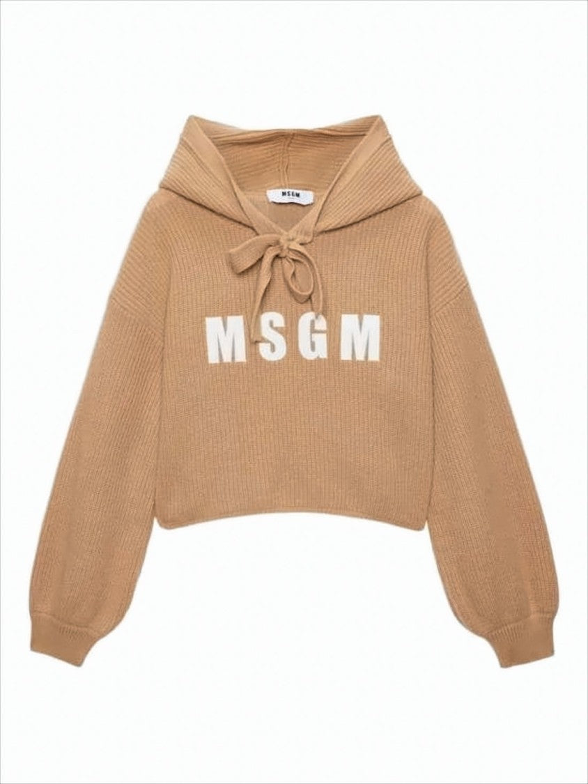 Msgm Ribbed Knit Cropped Hoodie With Graphic Lettering
