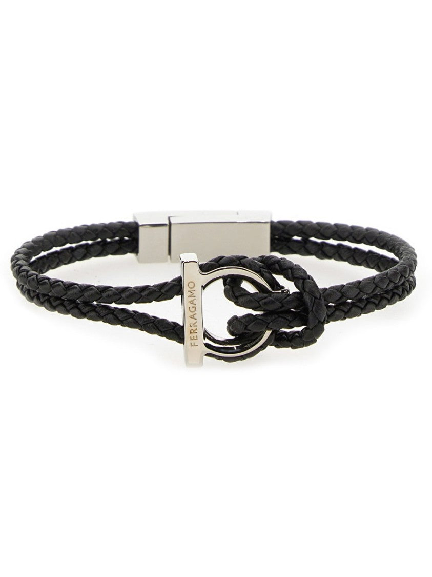Ferragamo Braided Leather And Metal Bracelet With Signature Hook Detail