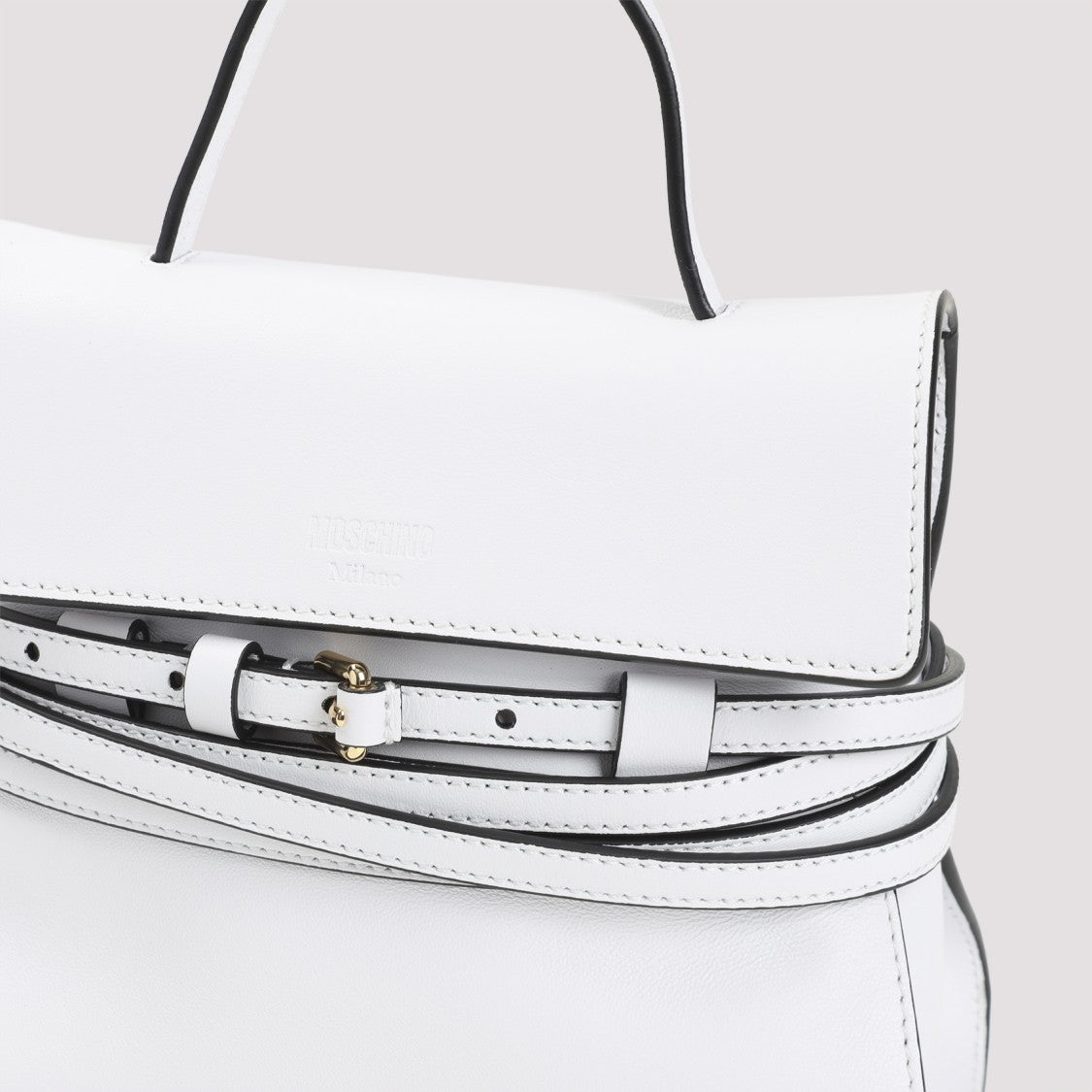 Moschino Structured White Leather Shoulder Bag With Adjustable Strap