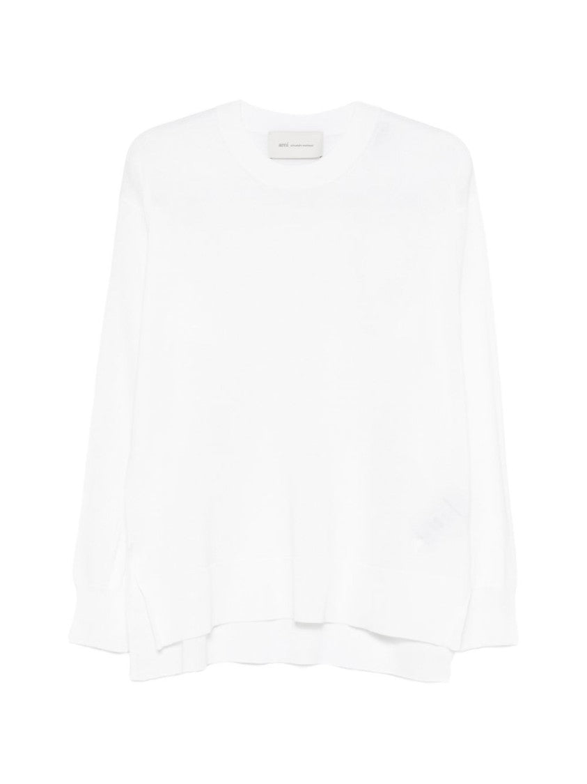 Ami Paris Minimalist White Sweater With Ribbed Details And Relaxed Fit