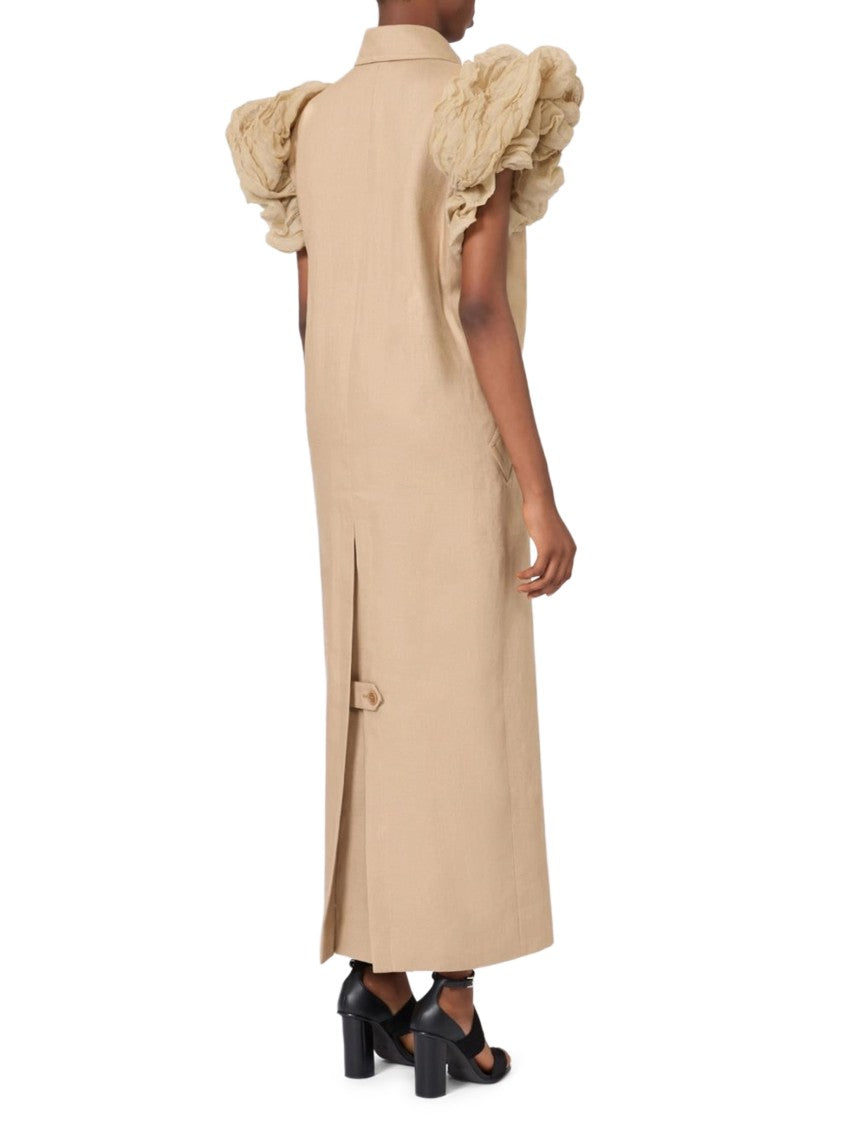 Max Mara Sleeveless Double-Breasted Linen Long Coat With Ruffled Shoulders