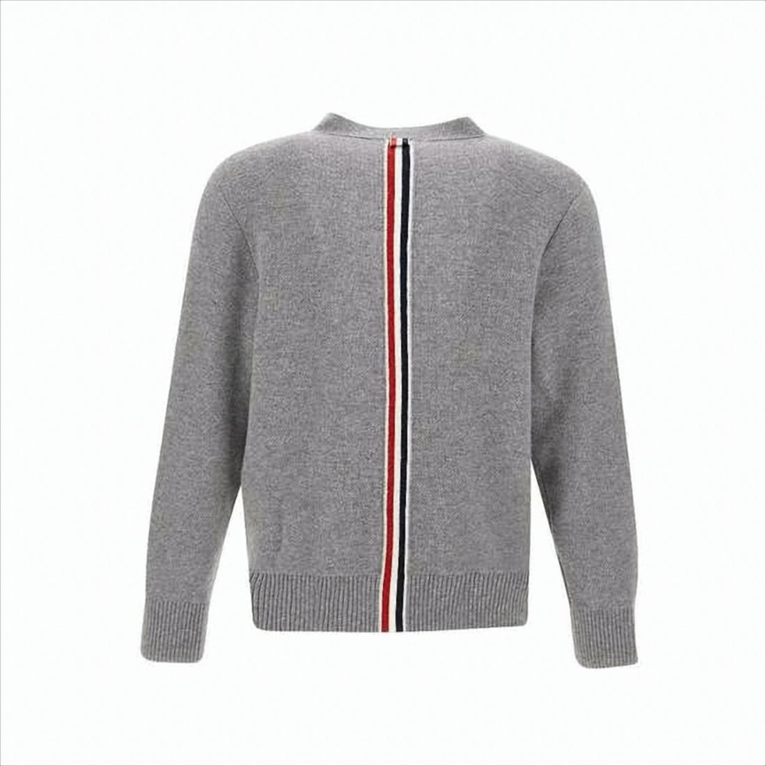 Thom Browne V-Neck Grey Wool Cardigan With Distinctive Stripe Detail