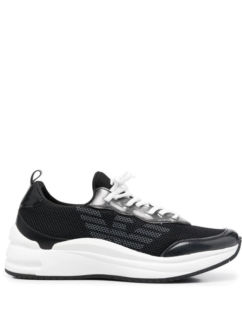 Emporio Armani Sleek Black Mesh Trainers With Glossy Overlays