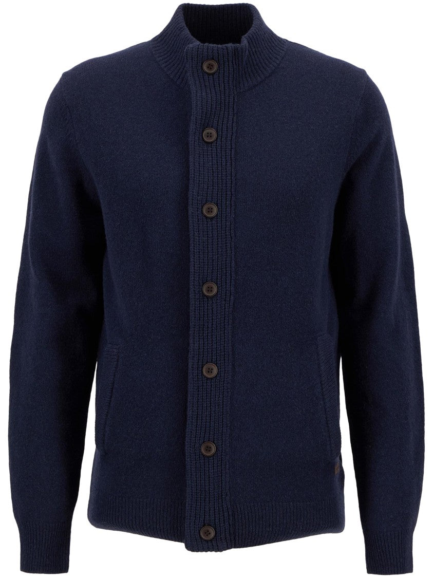 Barbour Navy Wool High Collar Ribbed Zip-Through Knit