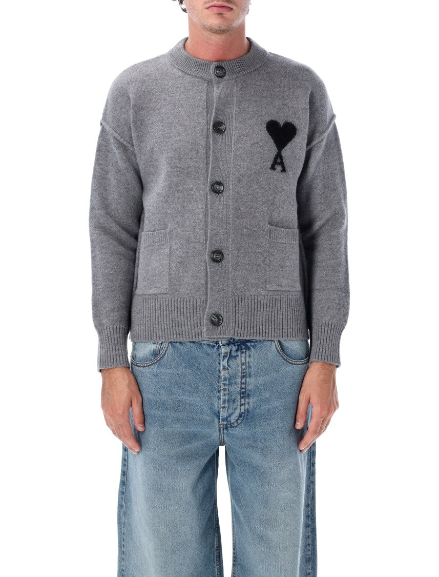 Ami Paris Minimalist Grey Knit Cardigan With Ami De Coeur Intarsia