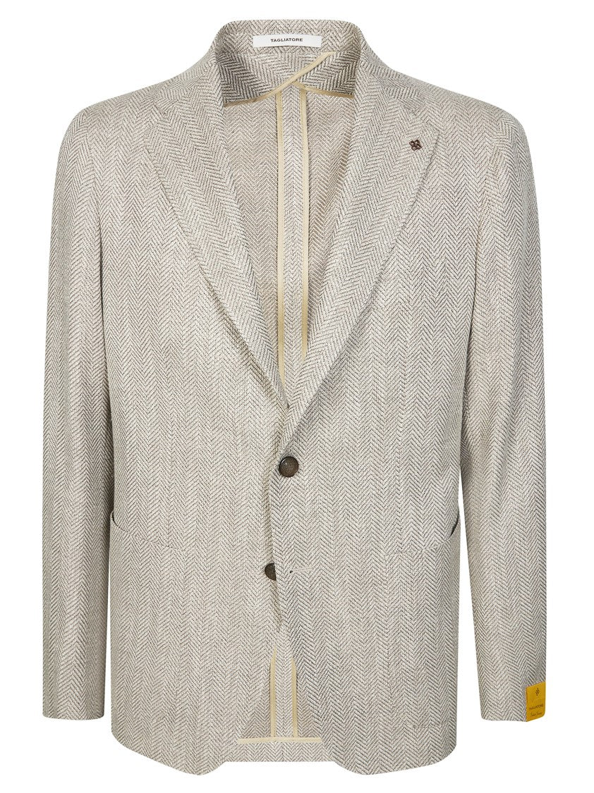 Tagliatore Light Neutral Herringbone Wool-Blend Blazer