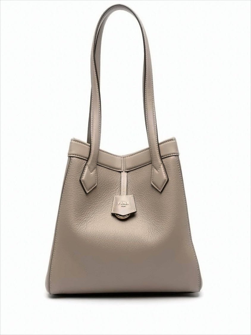 Fendi Structured Taupe Leather Shoulder Bag With Gold-Tone Detail