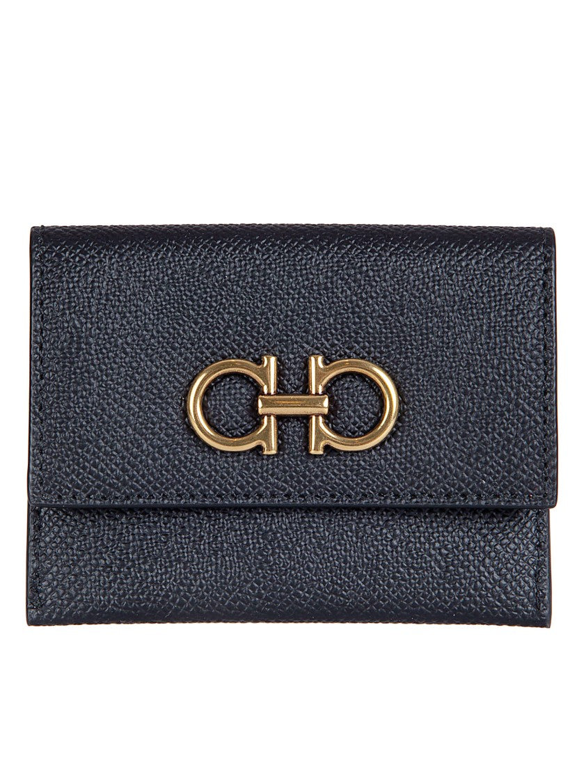 Ferragamo Textured Black Calfskin Wallet With Antique Gold Gancini Detail