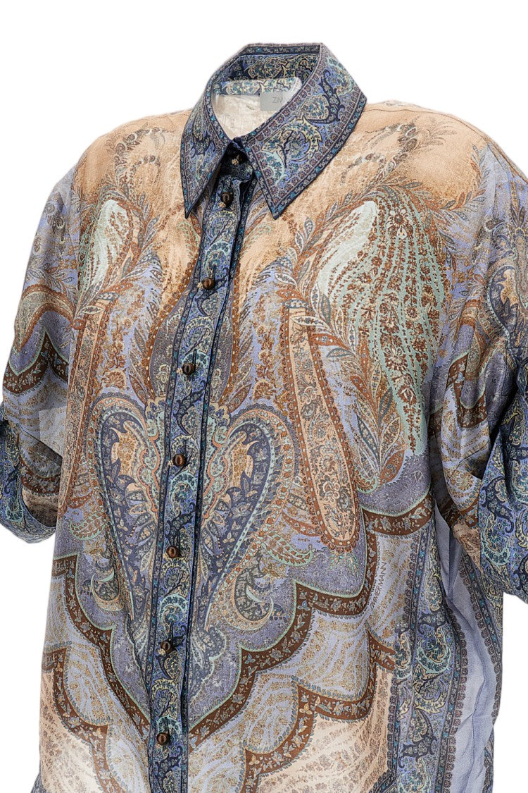 Zimmermann Silk Short Sleeve Shirt With Asymmetrical Hem And Rolled Sleeves