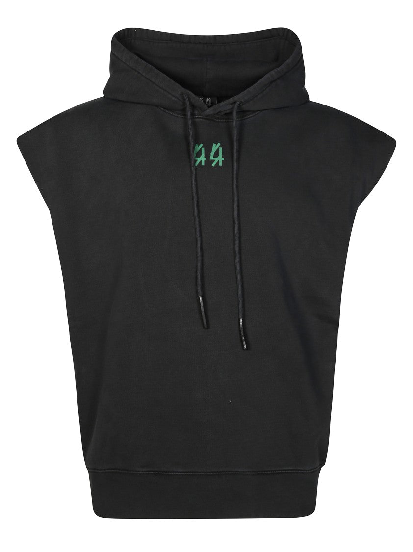 44 Label Group Cropped Sleeveless Black Hoodie With Graphic Designs