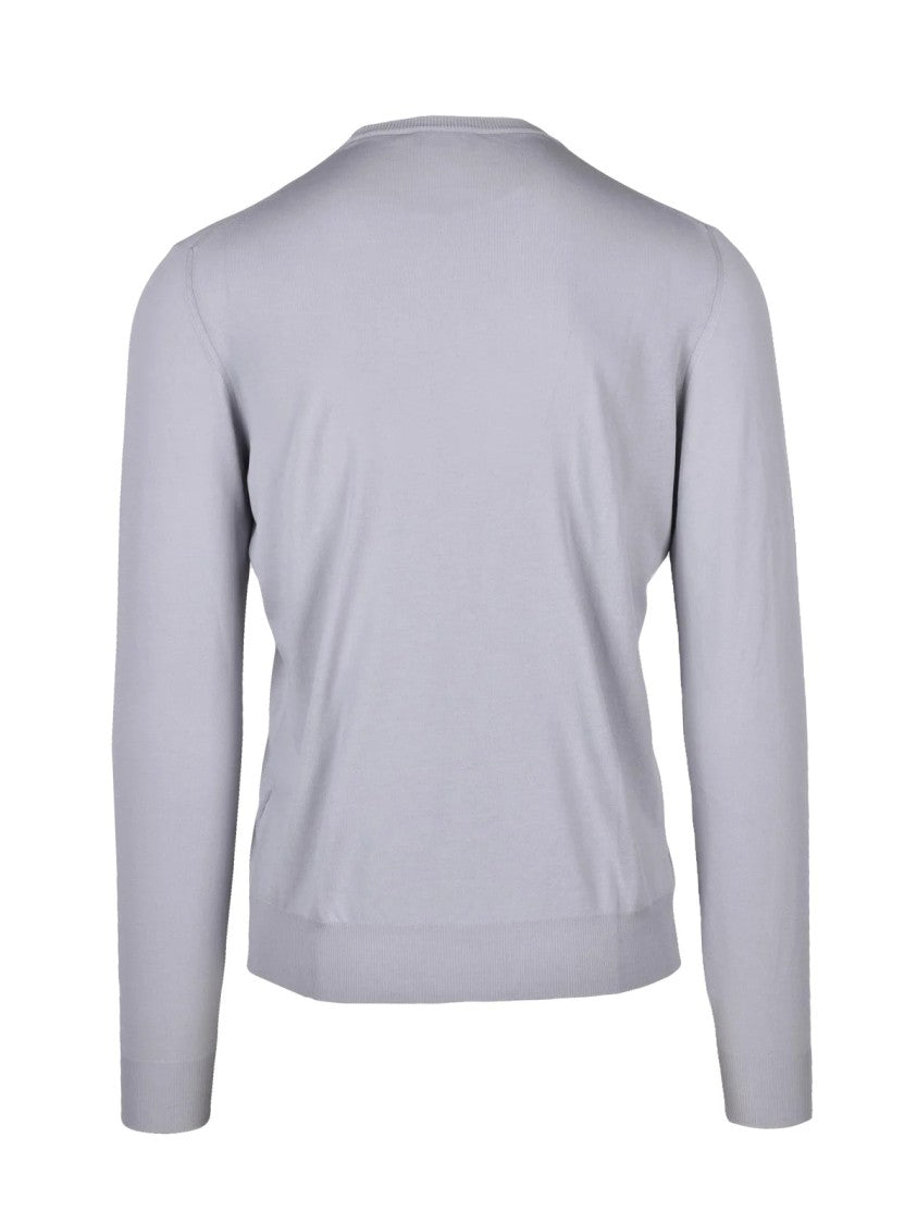 Fama Light Grey Crew Neck Sweater With Ribbed Details