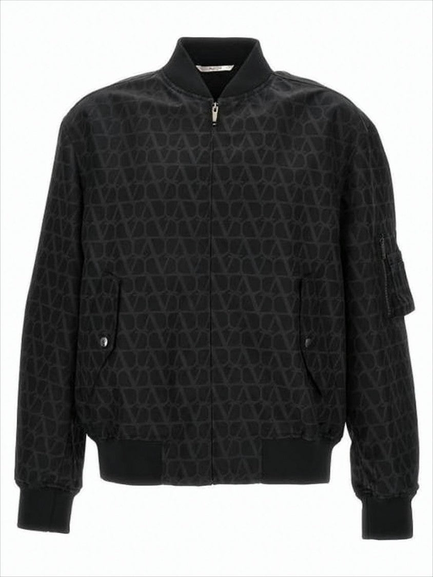 Valentino Garavani Geometric Patterned Black Bomber Jacket