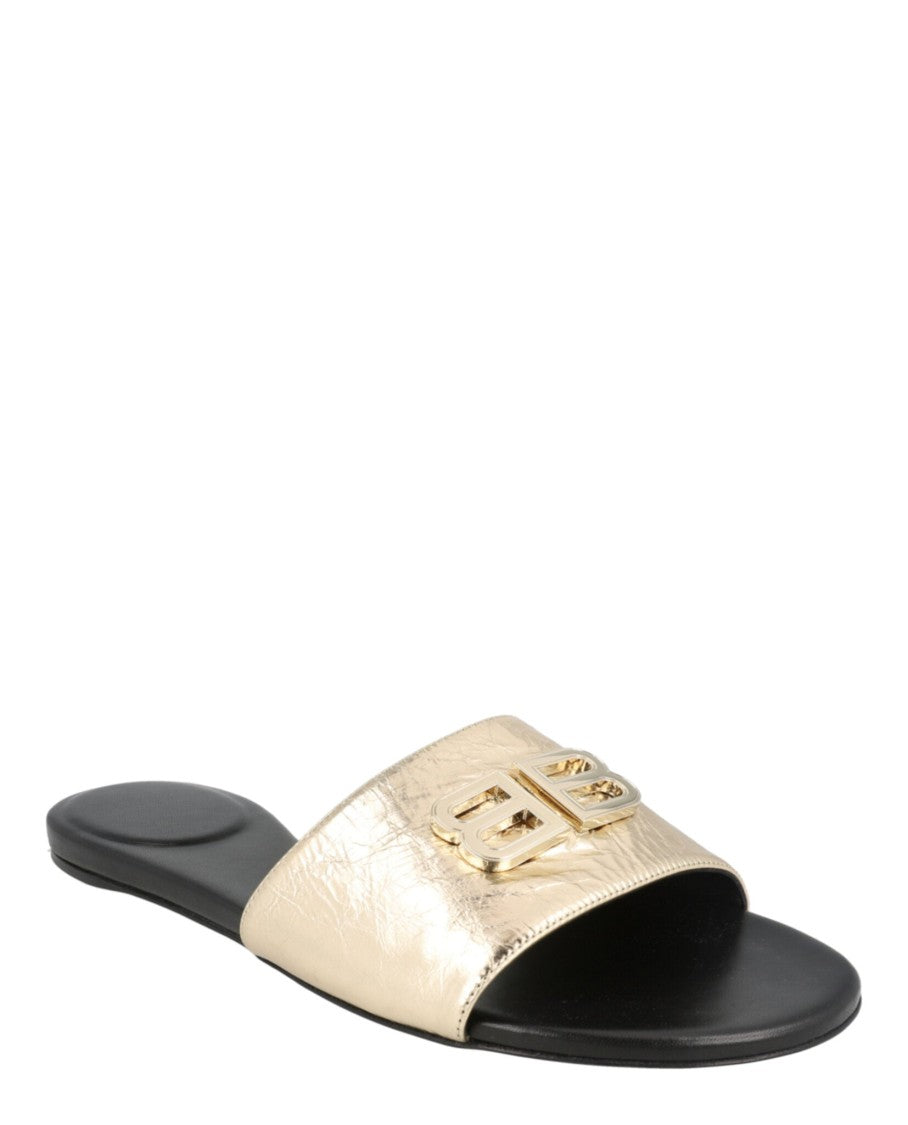 Balenciaga Minimalist Gold Sheepskin Flat Sandals With Signature Bb Logo