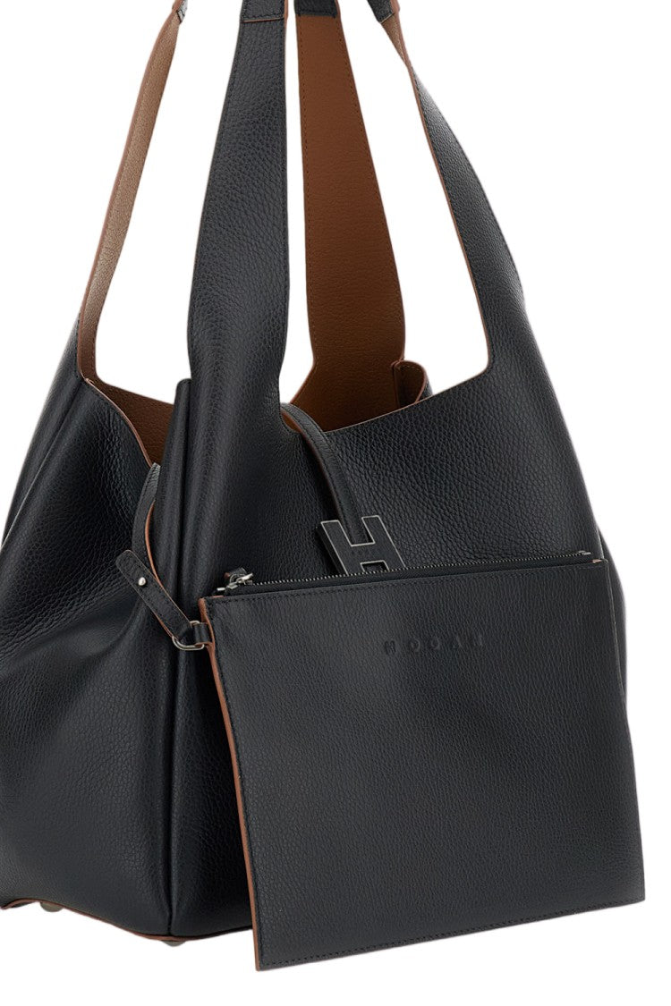 Hogan Textured Grained Leather Shopping Bag With Magnetic H Pendant
