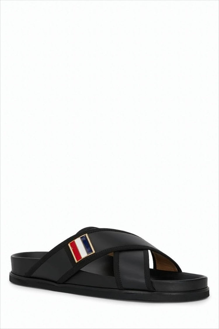 Thom Browne Black Calf Leather Sandals With Crossed Straps And Signature Emblem