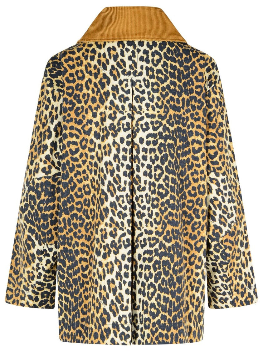 Ganni Leopard Print Midi Jacket In Tela