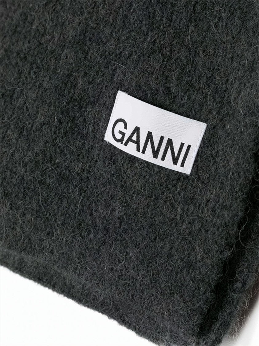 Ganni Rectangular Wool Scarf With Logo Detail
