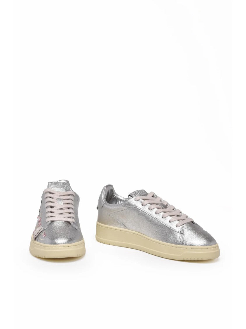 Autry Silver Floral Embroidery Leather Low-Top Sneakers