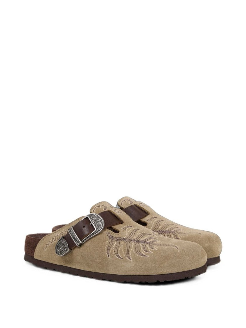 Etro X Birkenstock Beige Suede Slip-On Sandals With Embroidered Leaf Patterns