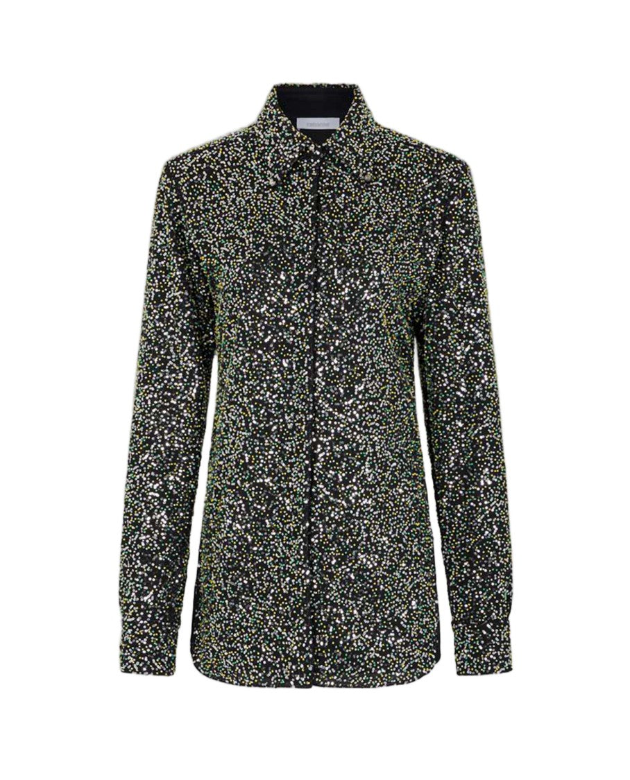 Rabanne Long-Sleeved Black Shirt With Sparkling Appliques And Button Closure