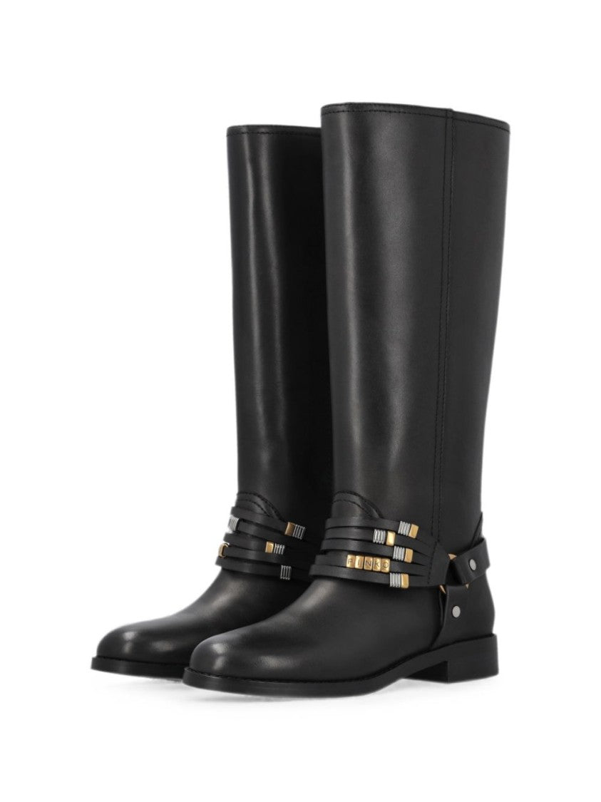 Pinko Black Mid-Calf Decorative Straps Boots