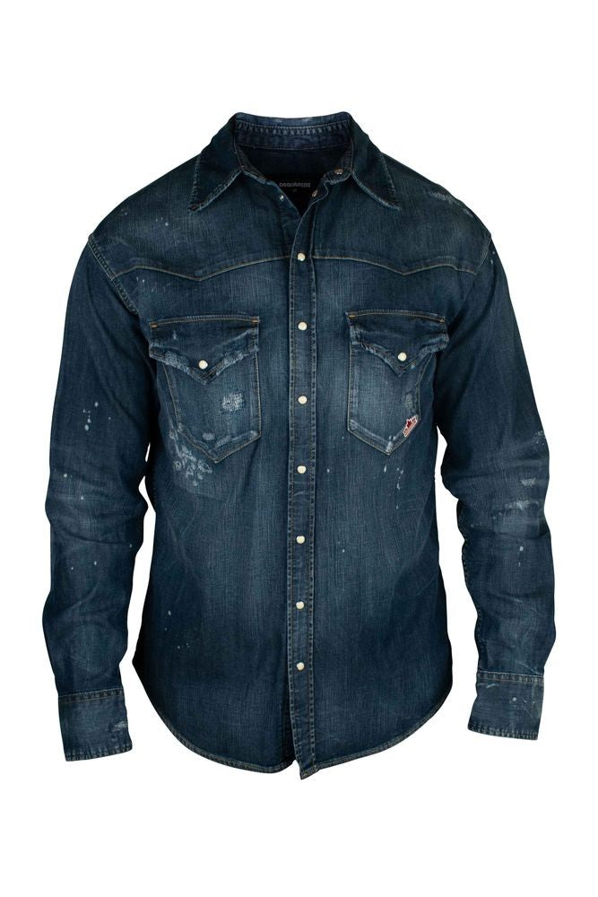 Dsquared2 Navy Cotton Denim Shirt With Distressed Finish