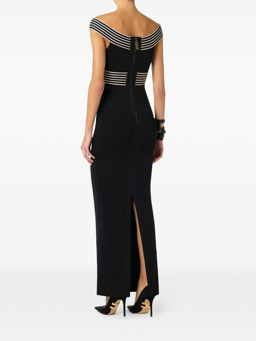 Elisabetta Franchi Off-The-Shoulder Striped Band Black Midi Dress