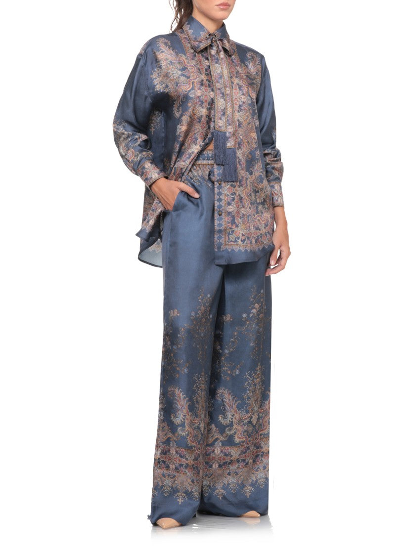 Zimmermann Blue Jeans Bow-Collar Printed Silk Shirt