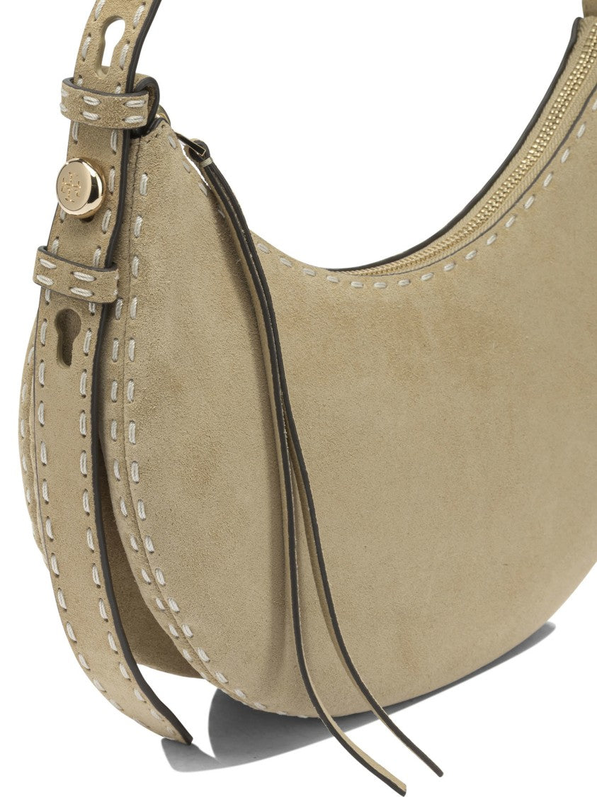Tory Burch Crescent-Shaped Suede Shoulder Bag With Adjustable Strap