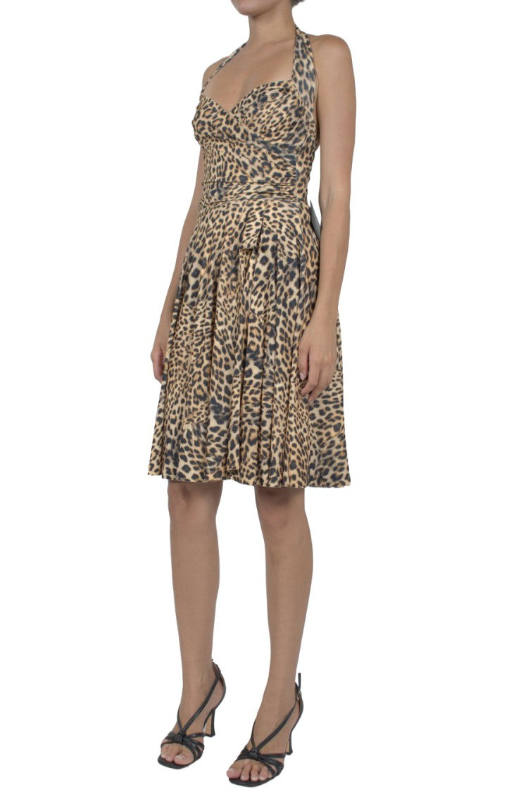 Norma Kamali Tan Leopard-Print Halter Wrap Polyester-Blend Day Dress
