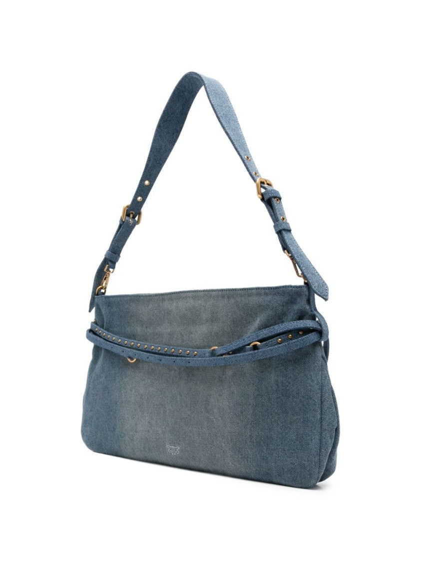 Pinko Light Blue Studded Denim Shoulder Bag