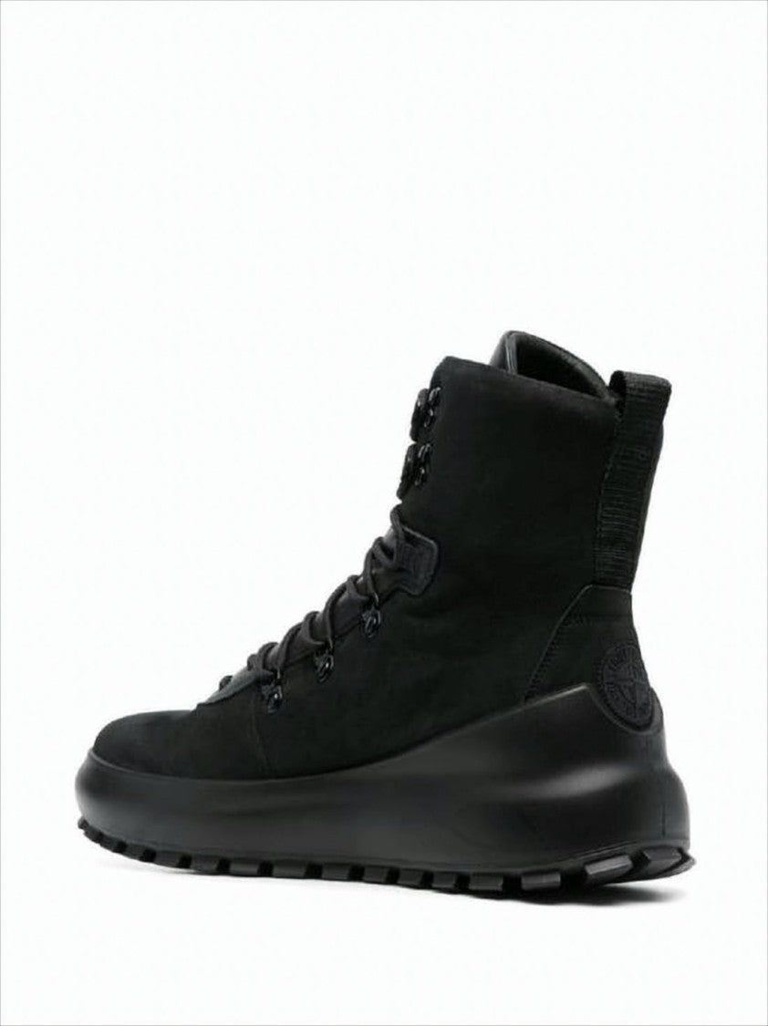 Stone Island High-Top Leather Boots With Design And Elevated Sole